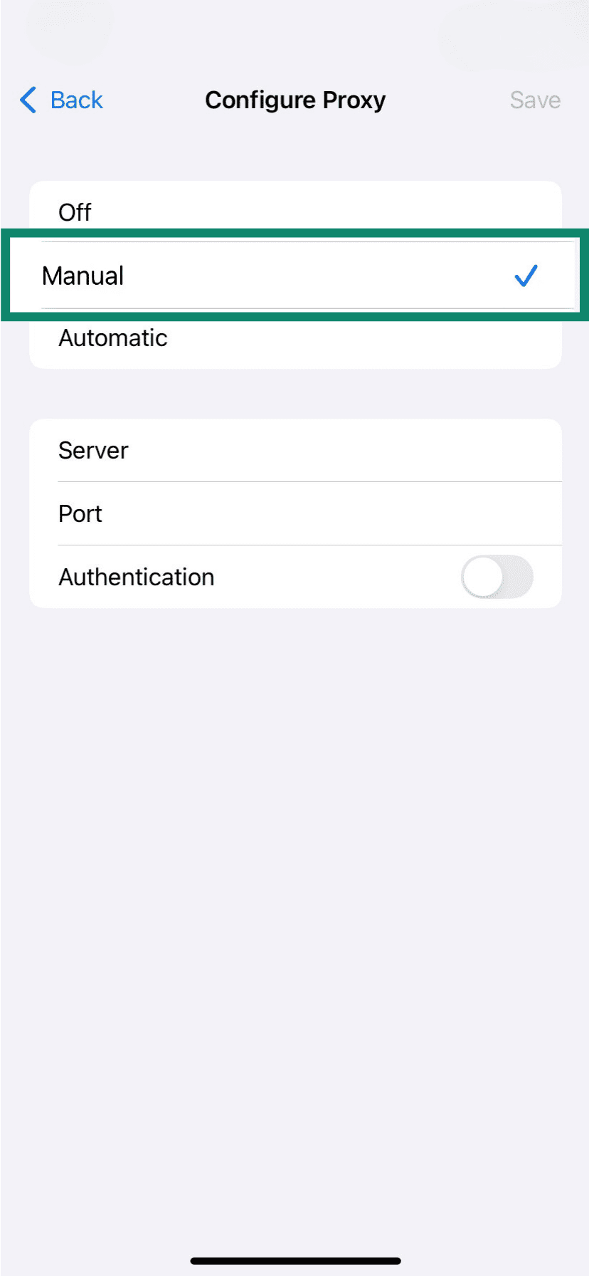 The iPhone Configure Proxy menu with the Manual setting highlighted.