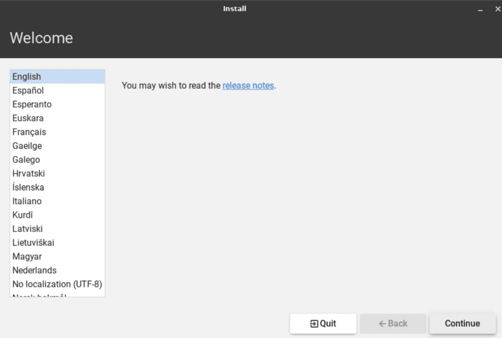 Linux Lite language selection.
