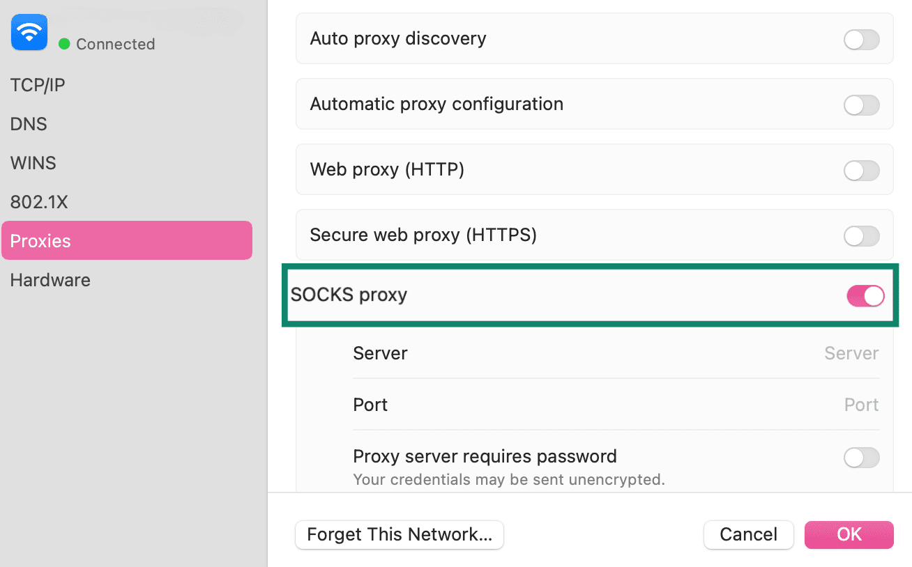 The macOS Proxies tab with SOCKS proxy toggled on