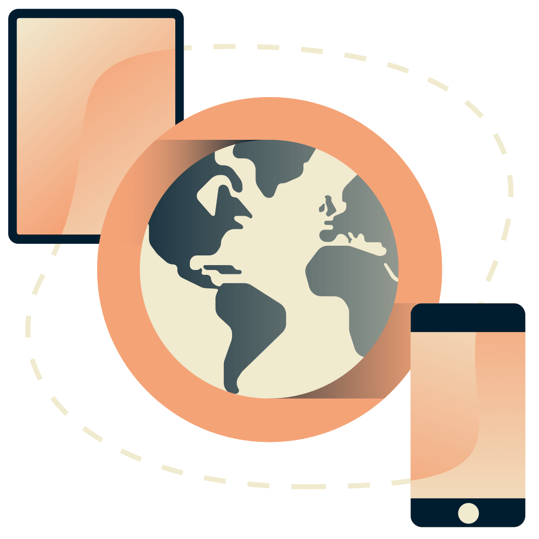 Tabletti ja puhelin maapallon ympärillä.